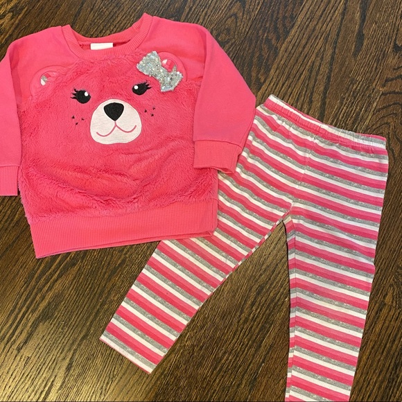 Nannette kids pink bear top and matching striped pink/grey/white leggings 2t.